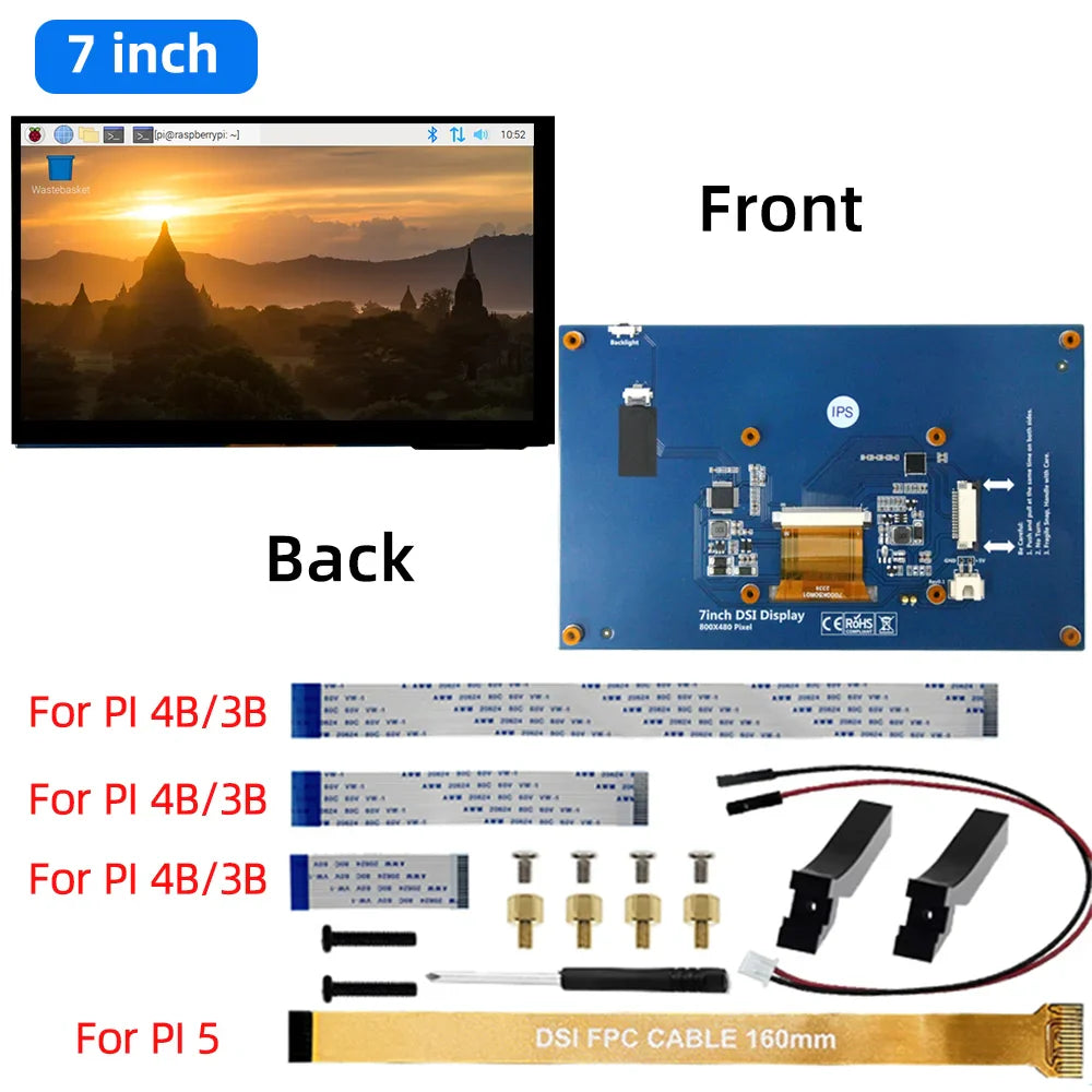 PistBit 4.3/5/7 Inch DSI Touch Screen LCD Monitor – Portable Capacitive Display 800x480 for Raspberry Pi 5/4/3/3B+
