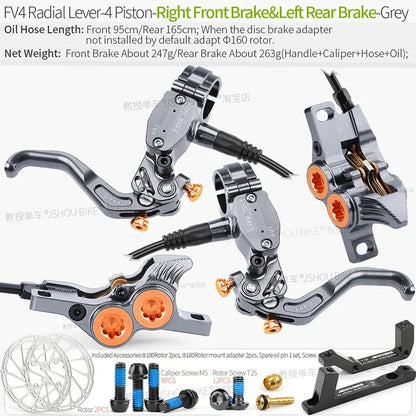 Frog Wake FV4 Mountain Bike Hydraulic Disc Brake Kit – 180mm Rotors, Aluminum 4-Piston Calipers & Levers for MTB