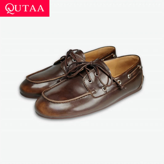 QUTAA 2025 Women’s Fashion Flats — Cow Leather Spring Ballet Loafers, Lace-Up Round Toe Casual Shoes, Sizes 34-41