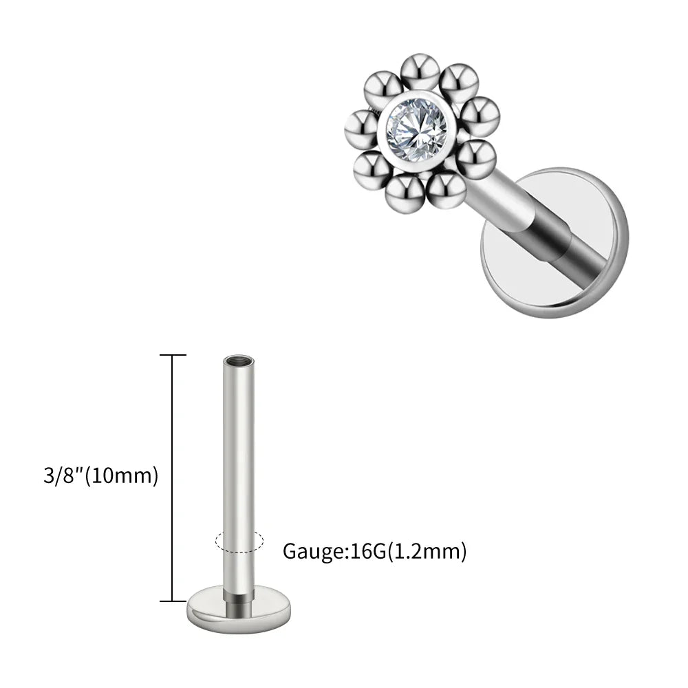 Right Grand ASTM F136 Titanium 16G Mini Beaded Sun Labret Stud CZ Flower – Tragus, Helix, Conch & Nose Piercing Body Jewelry