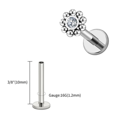 Right Grand ASTM F136 Titanium 16G Mini Beaded Sun Labret Stud CZ Flower – Tragus, Helix, Conch & Nose Piercing Body Jewelry