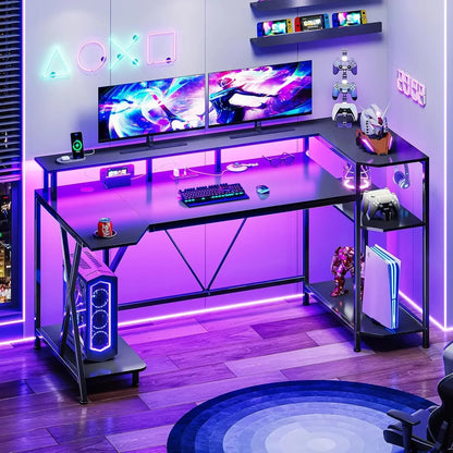 70.8'' Gaming Desk with LED Lights – Computer Desk with Storage Shelves, Monitor Stand, Power Outlets & Cup Holder