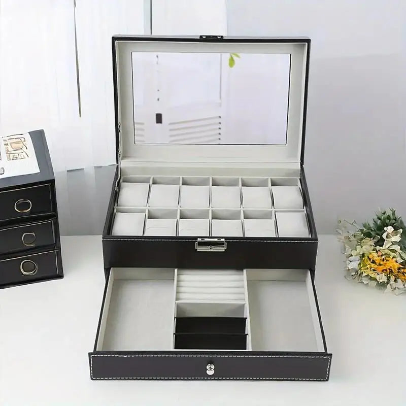PU Leather Jewelry & Watch Organizer Box — Storage Case for Rings, Earrings, Bracelets, Perfect Gift Casket