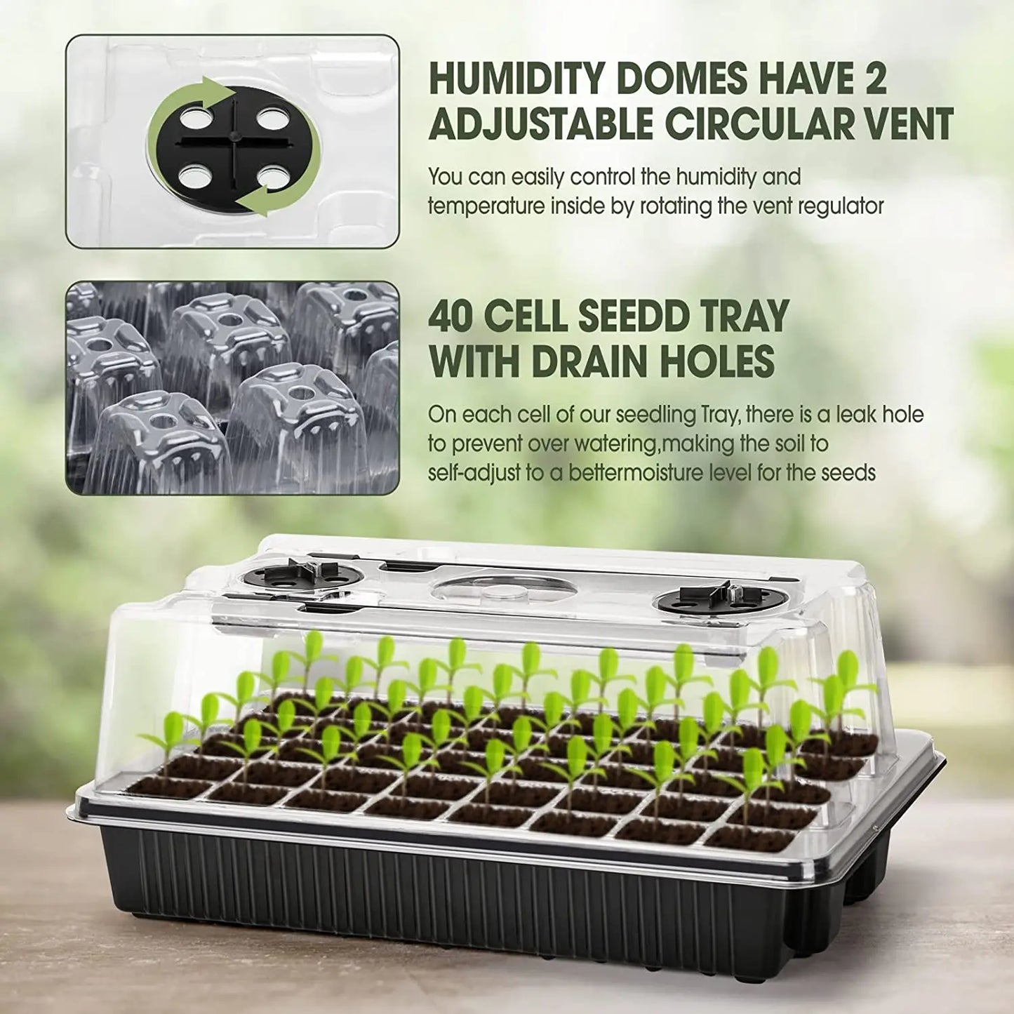 Seed Starter Kit with 40-Cell Trays — Includes 2 Long Strip Grow Lights & Humidity Dome for Seedlings