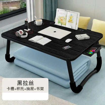 Foldable Laptop Desk for Bed & Sofa – Portable Lap Table with Cup, Book Holder, Drawer, and USB Slot
