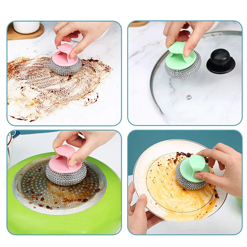 Stainless Steel Cleaning Balls with Handle - Non-Falling Wire, Oversized Brush Plate, and Bowl Brush for Household Kitchen
