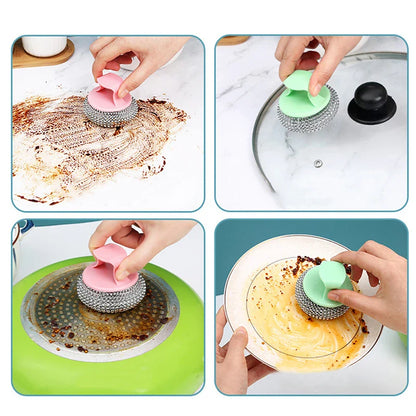 Stainless Steel Cleaning Balls with Handle - Non-Falling Wire, Oversized Brush Plate, and Bowl Brush for Household Kitchen