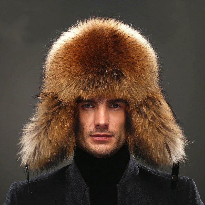 Men's Luxury Fox Fur Lei Feng Hat with Ear Flaps - 100% Sheepskin Top, Real Fur Winter Cap