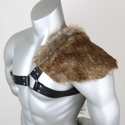 UYEE Men's Medieval Viking Fur Shawl – Barbarian Shoulder Cowl Mantle with Chest Belt & Fur Capelet for Cosplay
