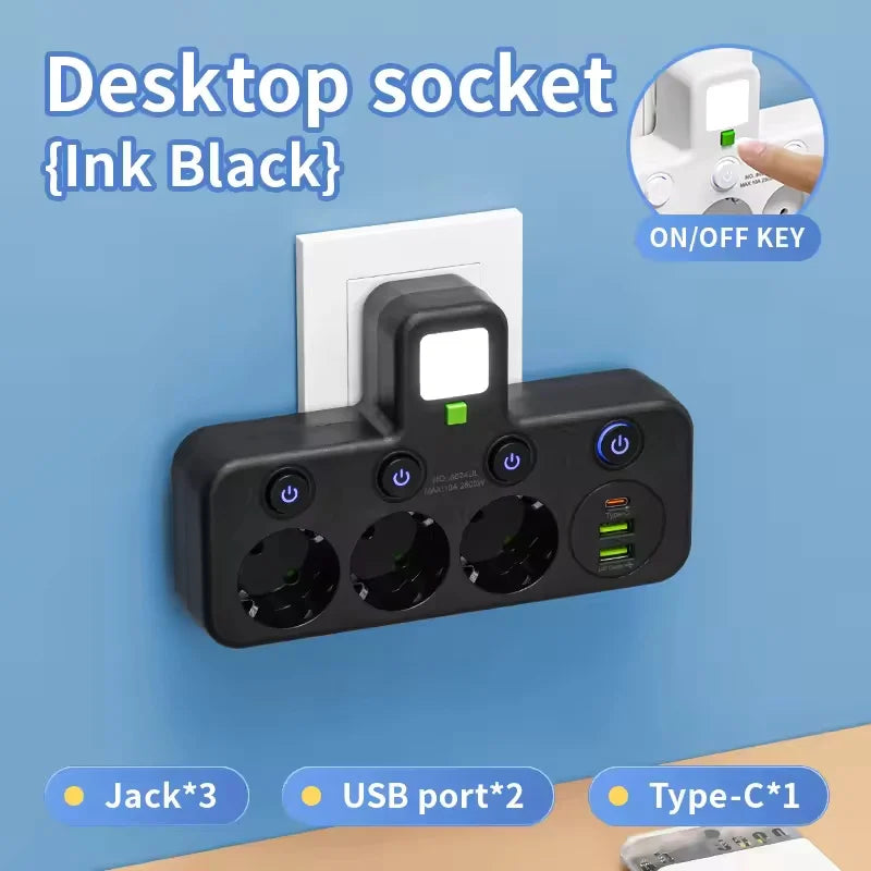 EU Plug Power Strip – 4 AC Outlets, 2 USB & 1 Type-C Ports with Independent Switch and Night Light