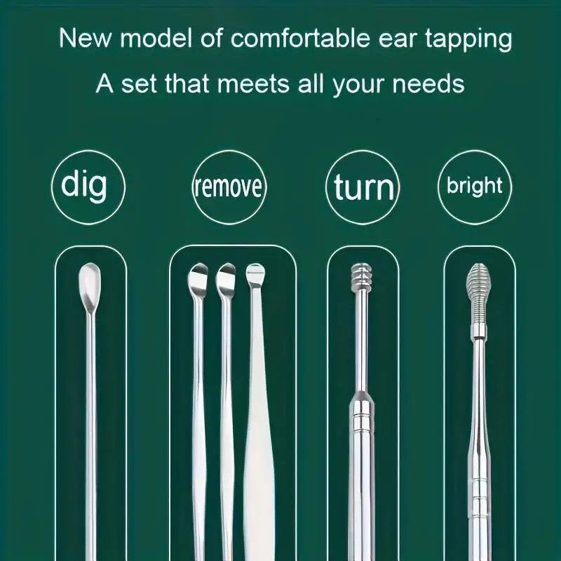 6pcs Stainless Steel Ear Wax Removal Tool Set – Spiral Rotating Ear Picker Spoon for Cleaning & Collecting Ear Wax