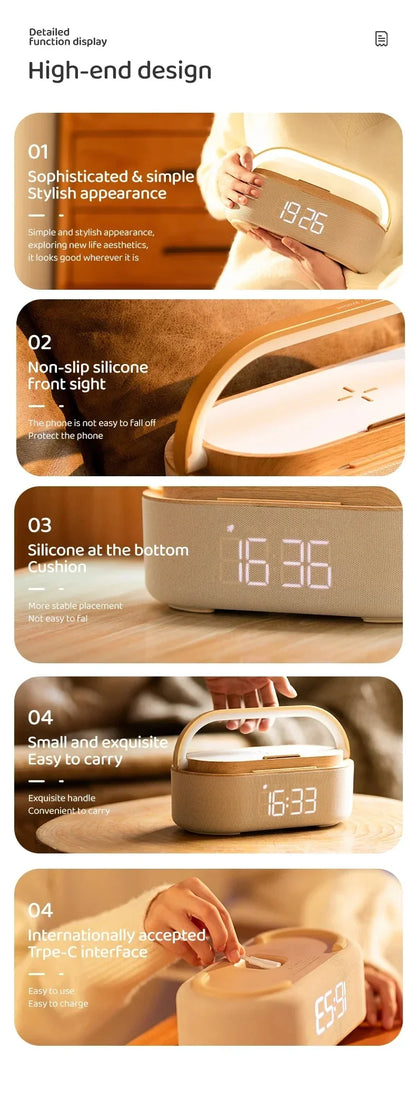 Portable Bluetooth Speaker with Wireless Charging — FM Radio, Alarm Clock, Music Sound Box, Night Light & Charger Lamp