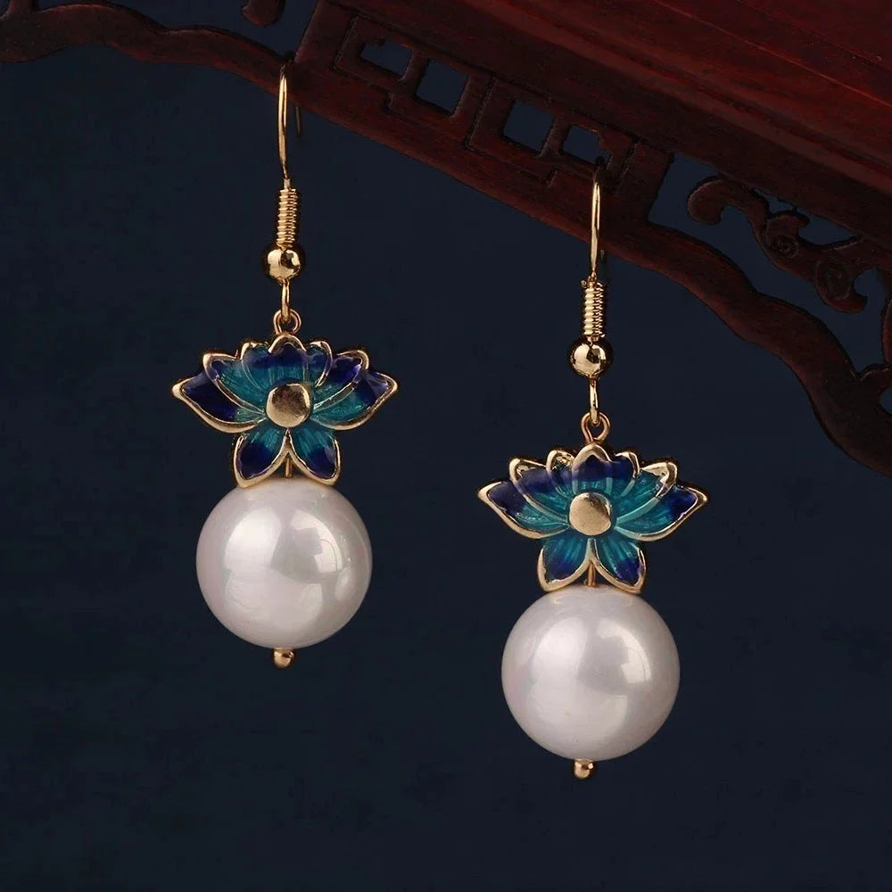 Vintage Flower Drop Earrings - Natural Stone Ethnic Jewelry for Women