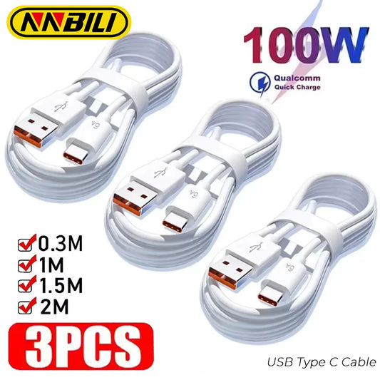 NNBILI 3-Pack 100W 6A USB-C Fast Charging Cable Set – Super Fast Type-C Data & Power Cords for Quick Charge Devices
