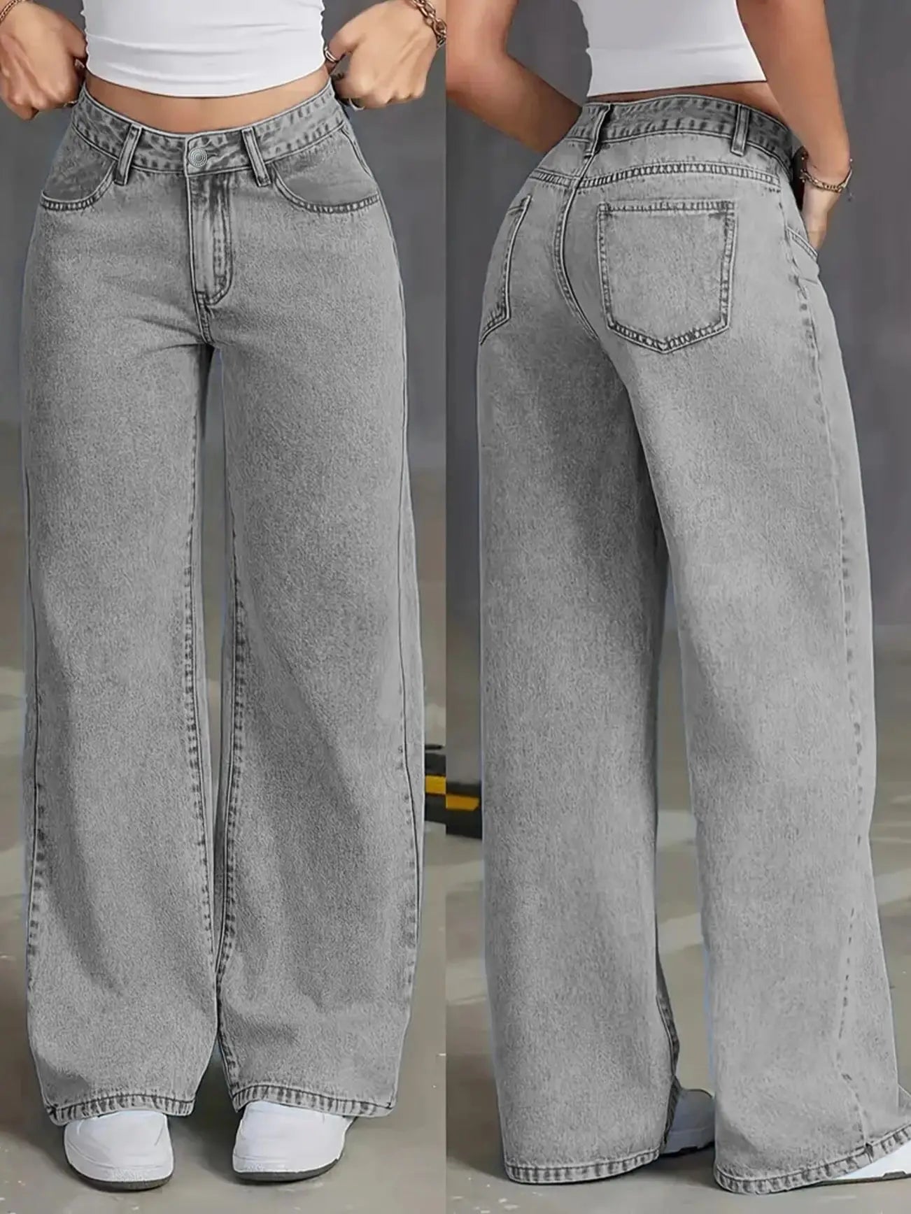 Women’s Autumn High-Waisted Wide-Leg Jeans – Light Grey Washed Loose-Fit Casual Denim Pants