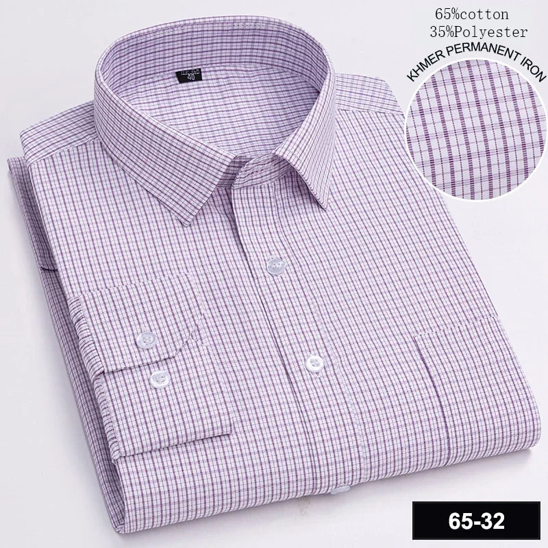 Men’s Slim Fit Long Sleeve Shirt - Formal Plaid Cotton Office Shirt with Single Pocket