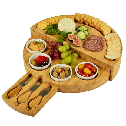Cheese Board Set with Slide-Out Drawer – Cutlery Cutter, Slicer, Fork, Scoops & Kitchen Storage Tools