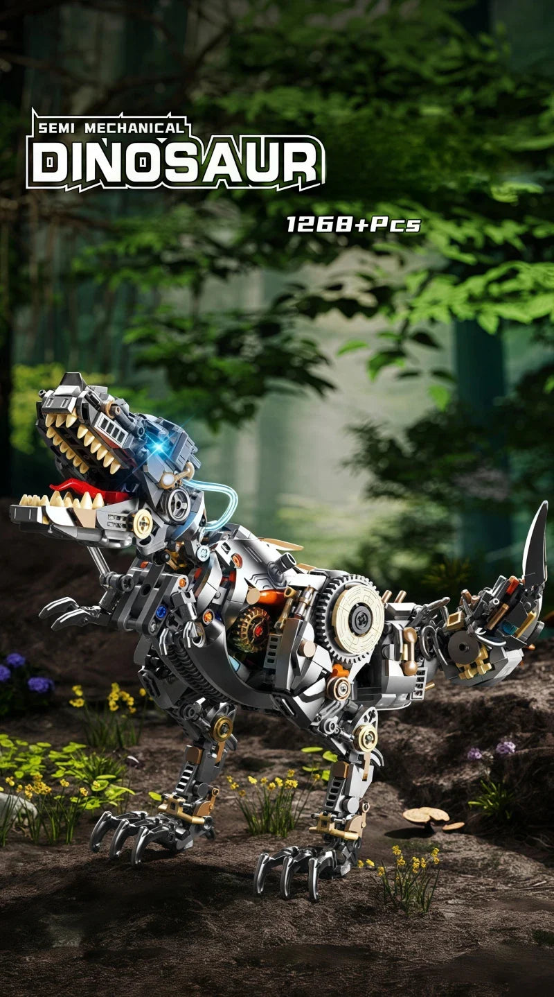 STEM Jurassic Mechanical Dinosaur Building Blocks – Light-Up T-Rex Model Toy for Kids