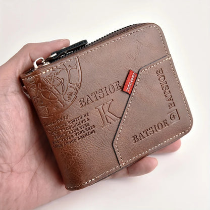 Men's PU Wax Oil Skin Wallet – Short Card Holder & Coin Purse with Zipper Around for Men