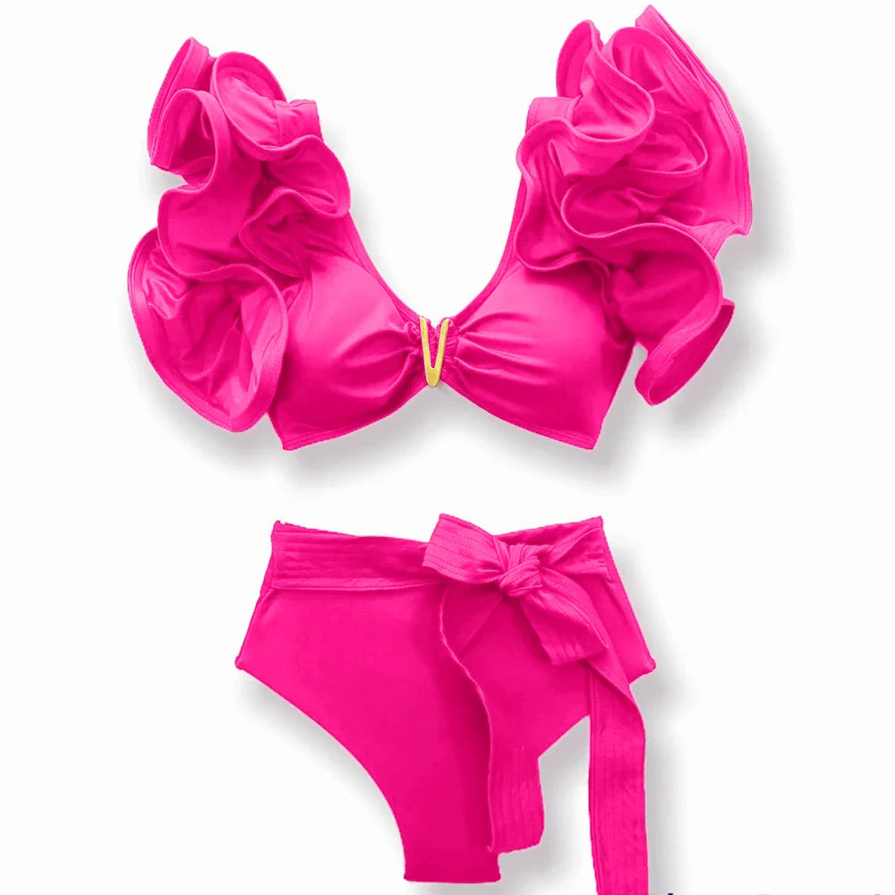 Sporlike V-Neck Ruffled Bikini Set – High Waist Sexy Printed Two-Piece Swimsuit for Women 2025