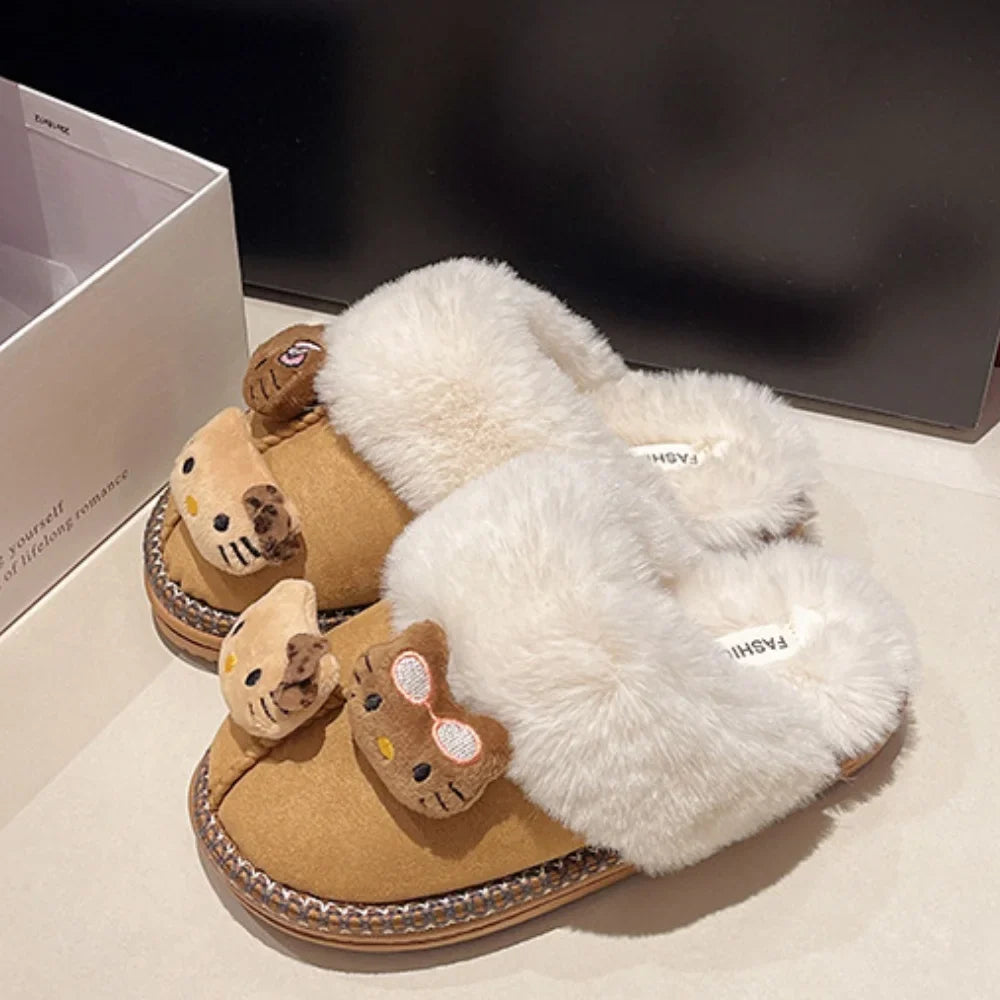 Sanrio Hello Kitty Winter Plush Slippers – Cute Fuzzy Warm Kawaii Women’s Home Shoes, Y2K Style, Non-Slip Outdoor Flats