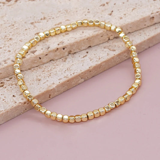 Go2boho Hematite Stone Beaded Bracelet – Handmade Gold Elastic Stretch Stackable Unisex Jewelry