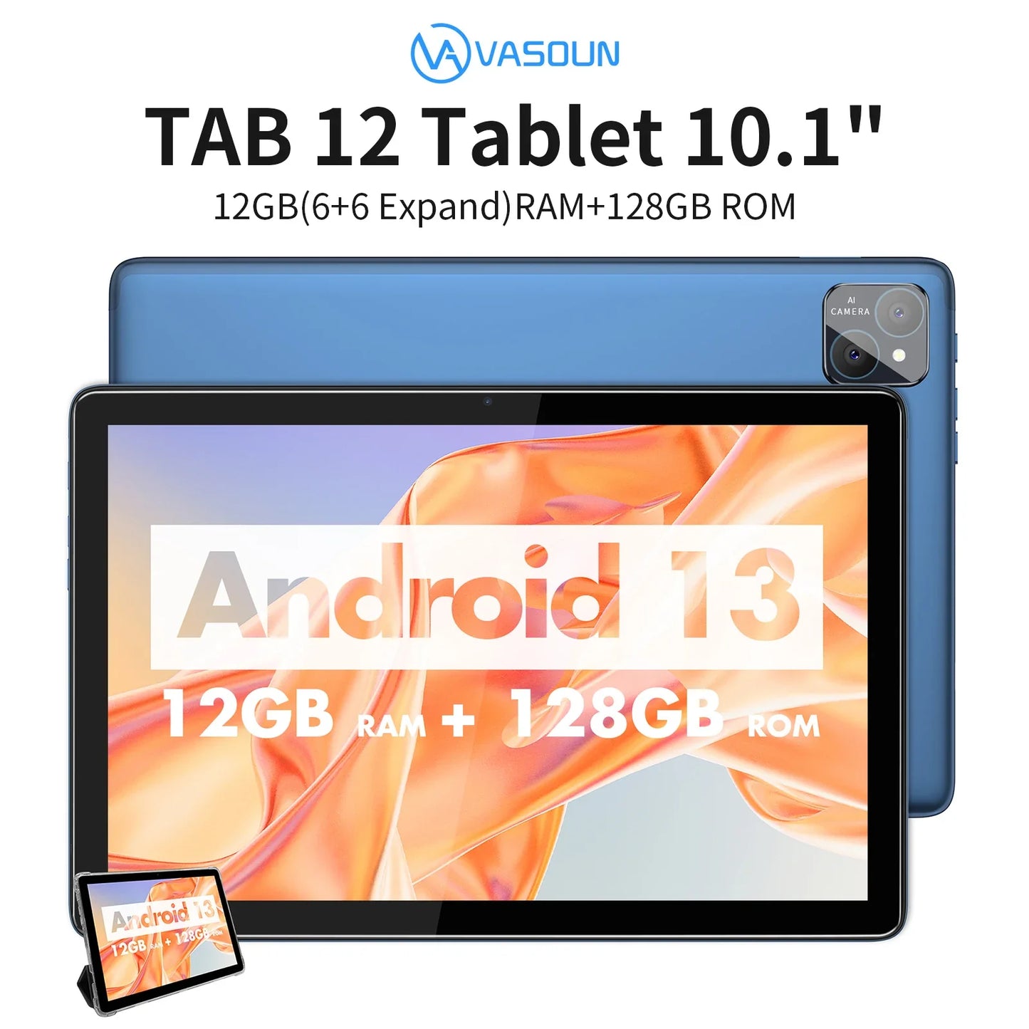 VASOUN Android 14 Tablet 10.1" — 12GB RAM, 128GB ROM, Octa-Core, Dual SIM 4G, WiFi 2.4G/5G, GPS