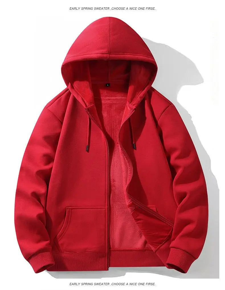 Zipper Hooded Sweatshirt – Autumn Winter Fleece-Lined Cotton Cardigan for Men & Women, Solid Color Y2K Style