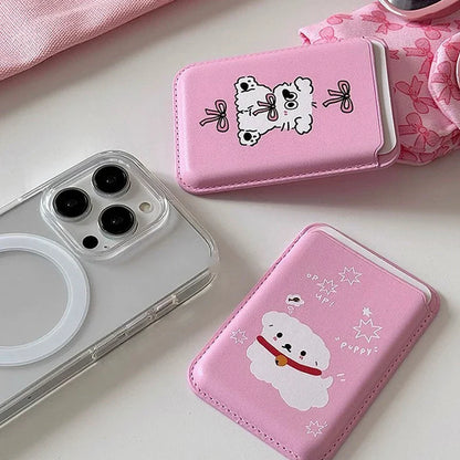 Cute Dog Cartoon Magnetic Phone Card Holder – Back Case Wallet for iPhone 15/14 with MagSafe Slot for ID & Bank Cards