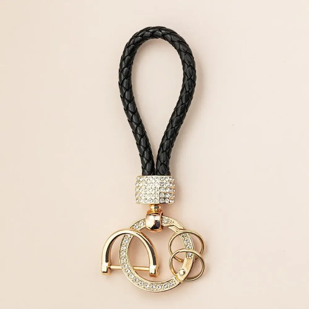 Handcrafted Braided Rope Keychain – Sparkling Rhinestone Car Key Ring, Stylish Monochrome Fashion Accessory
