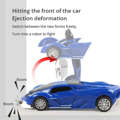 Blue Children's Police Car Toy – One-Button Deformation Car, Inertia Impact for Boys