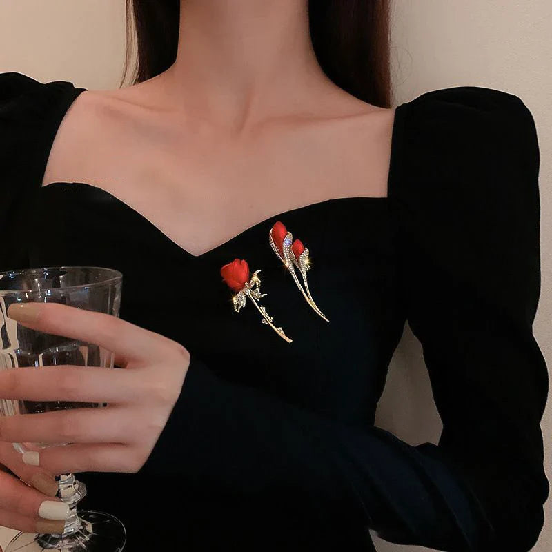 Red Rose Tulip Brooch Pin - Ladies Fashion Light Luxury Flower Design, Elegant Dress Suit Badge Accessory