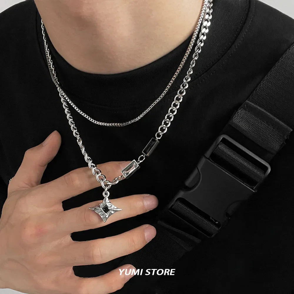 Hip Hop Zircon Star Double Layer Necklace - Titanium Steel Pendant Chain for Men & Women, Unisex Trendy Jewelry