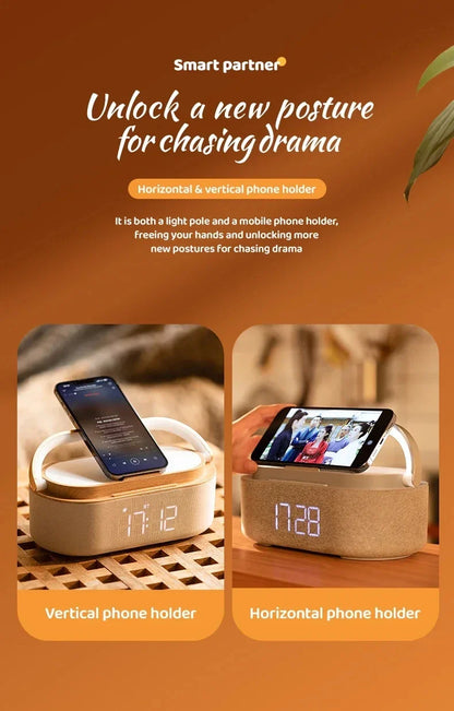 Portable Bluetooth Speaker with Wireless Charging — FM Radio, Alarm Clock, Music Sound Box, Night Light & Charger Lamp