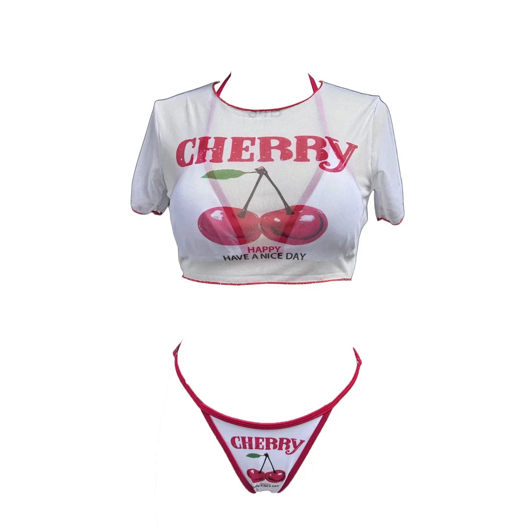 Women’s Cherry Print Three-Piece Bikini Set — Short Sleeve Swimsuit XS-L