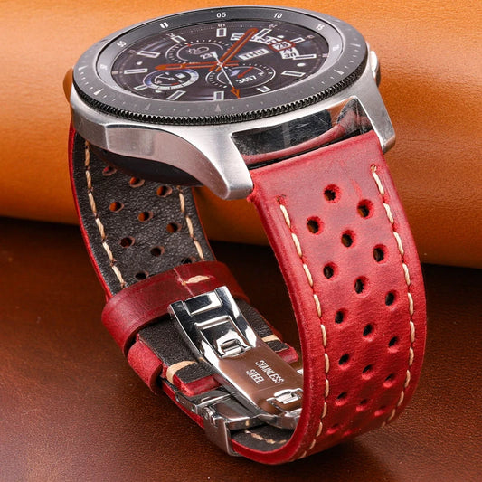 Genuine Leather Watch Band 20mm 22mm 24mm — Vintage Cowhide Strap with Deployment Clasp for Samsung Galaxy Watch 3/4