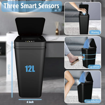 Touchless Motion Sensor Bathroom Trash Can with Lid – Slim Automatic Smart Garbage Bin for Bedroom, Office & Living Room