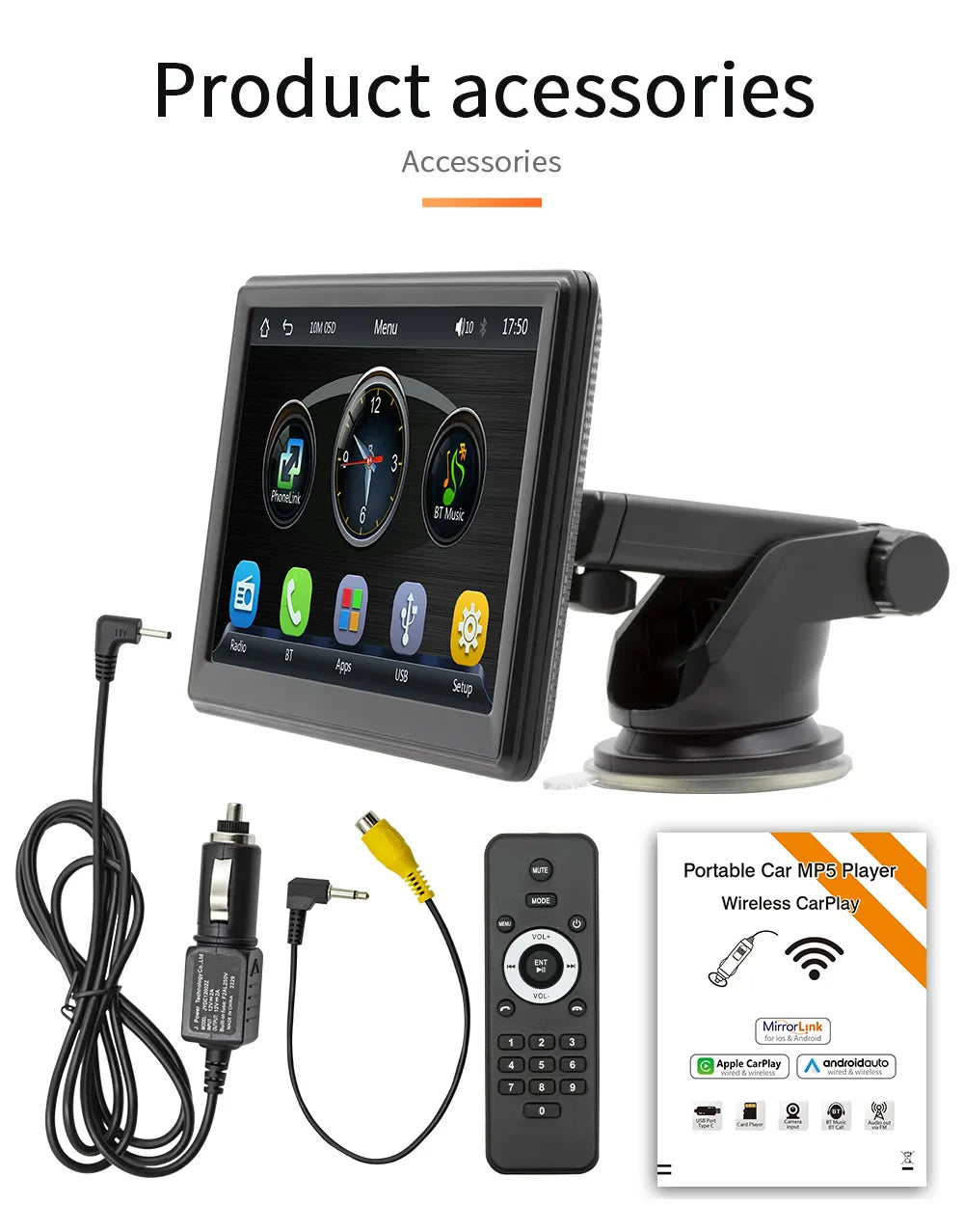 BQCC 7" HD IPS Car MP5 Player — Portable Stereo with Wireless CarPlay, Android Auto, BT, FM, USB & WiFi