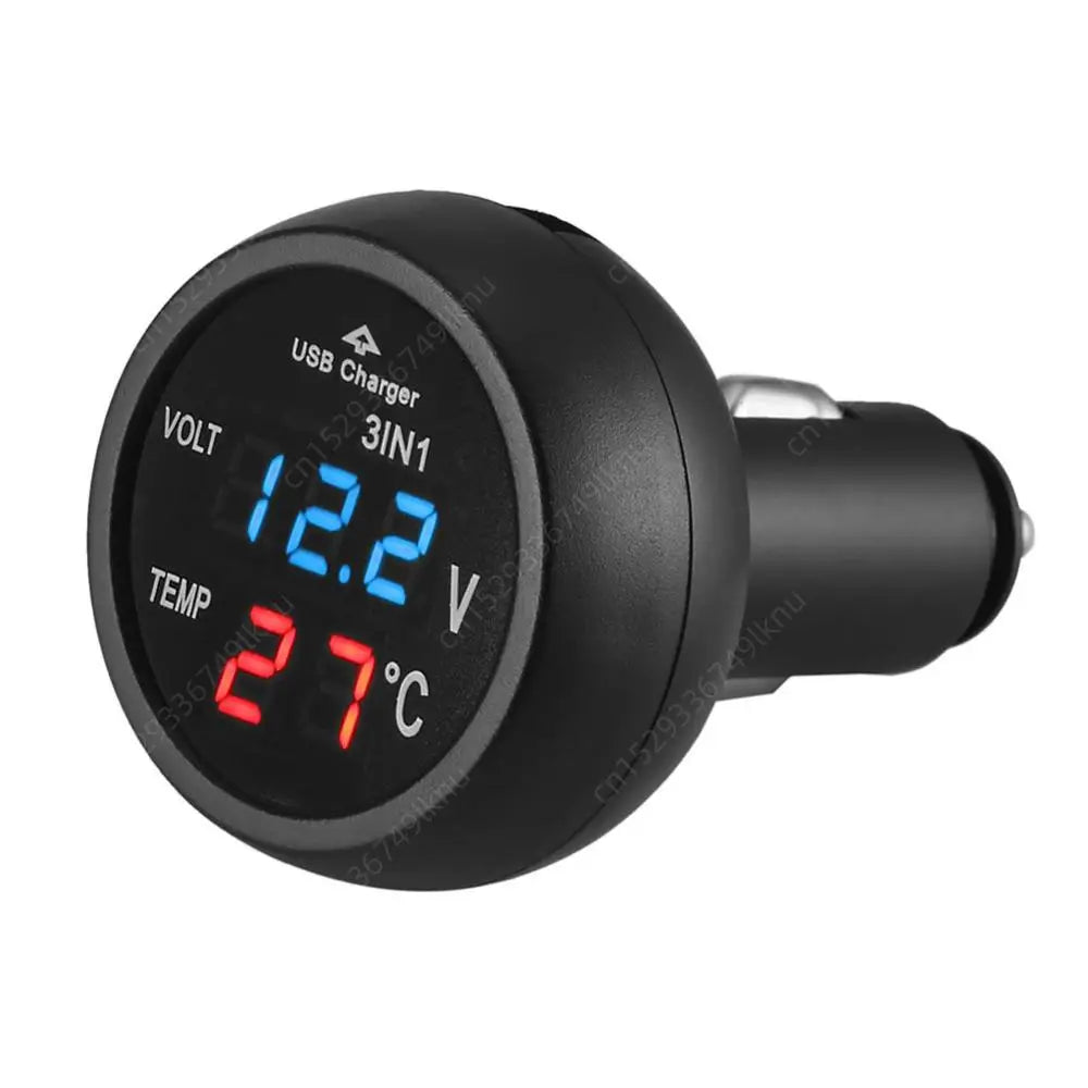 3-in-1 Car Charger & Voltmeter – 12/24V USB Charger with Thermometer, LED Digital Display & Current/Volt Detector