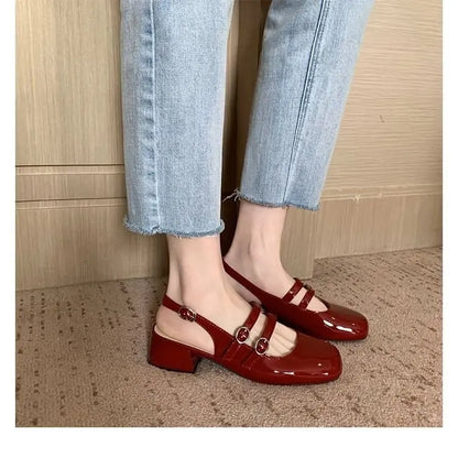 2025 Women’s Burgundy Mary Jane Shoes – Square-Toe Patent Leather Chunky Heel with Double Buckle