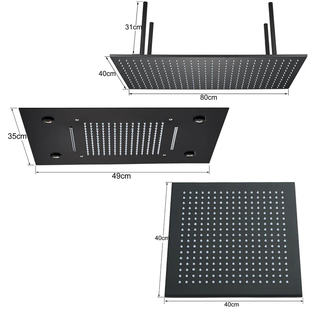 Black Ceiling Mounted LED Rainfall Shower Head – Intelligent Remote Control Concealed Waterfall Tap