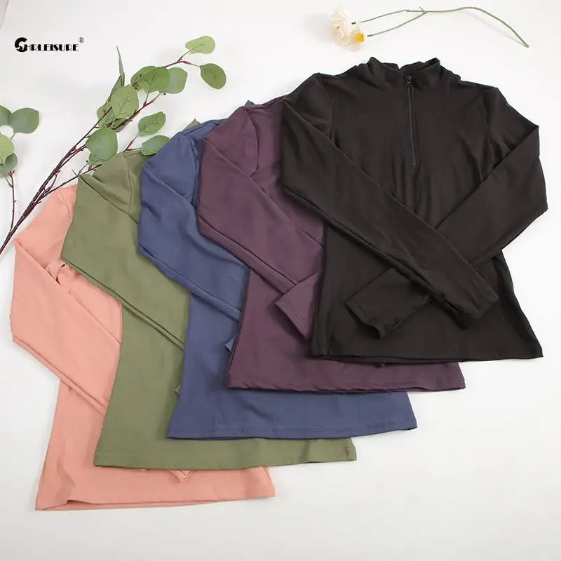 Elevate Your Yoga: CHRLEISURE Long Sleeve Half-Zip Yoga Shirt - Thumbholes, Elastic & Breathable Fitness Blouse for Women Activewear