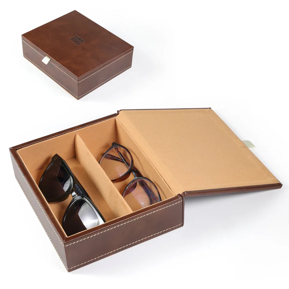 Brown PU Sunglasses & Eyeglasses Storage Case – Optical Frame Display Box with 2 or 4 Slots
