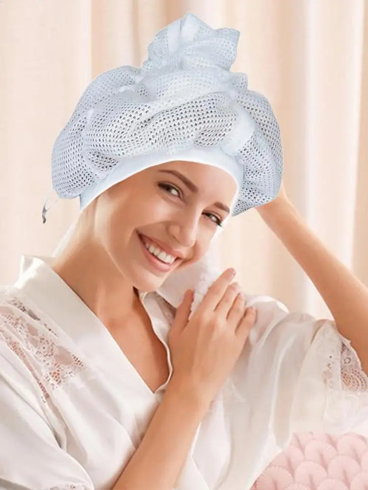 Reusable Mesh Plopping Bonnet — Adjustable Hair Drying Hood with Drawstring