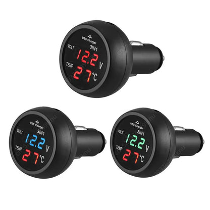 3-in-1 Car Charger & Voltmeter – 12/24V USB Charger with Thermometer, LED Digital Display & Current/Volt Detector