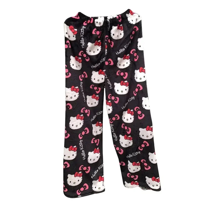 Thick Hello Kitty Fleece Pajama Pants – Soft Double Elastic Anime Trousers for Women, Cute Sanrio Birthday Gift