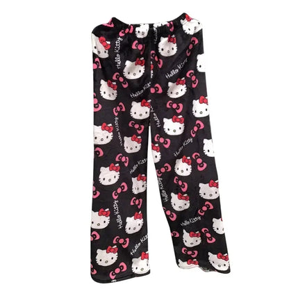 Thick Hello Kitty Fleece Pajama Pants – Soft Double Elastic Anime Trousers for Women, Cute Sanrio Birthday Gift
