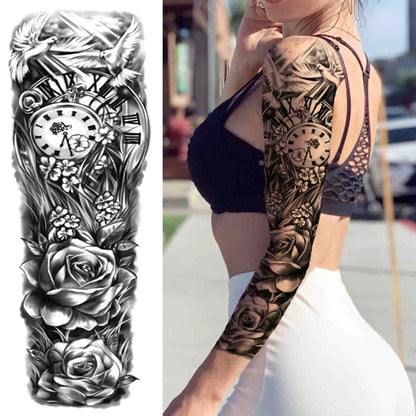 Full Arm Temporary Tattoo Sleeve - Realistic Warrior Lion Tiger Flower & Maori Design Fake Tattoos