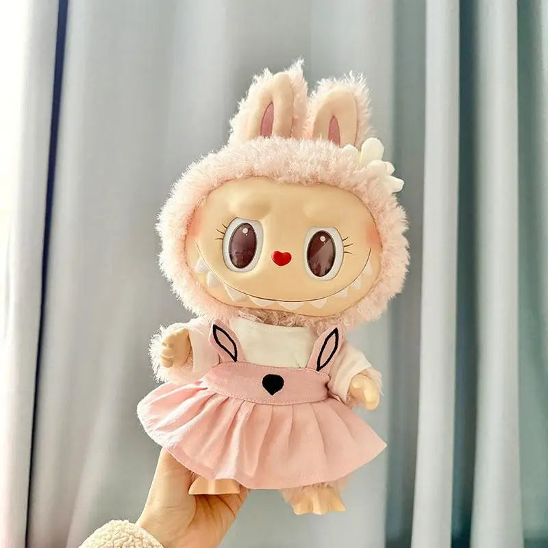 Labubu 38cm Plush Doll Clothes – MOKOKO Coat with Rabbit Ear Strap Skirt Set, Cute Doll Outfit & Accessories
