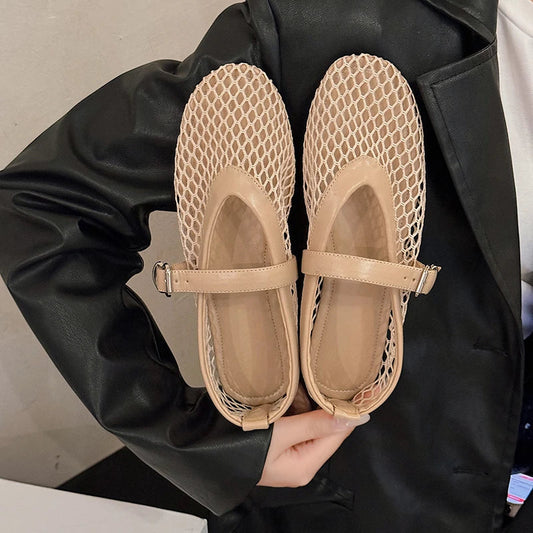 Summer Women’s Flats – Round Toe Cut-out Mary Jane Shoes with Straight Buckles, Casual Fishnet Single Shoes for Comfort